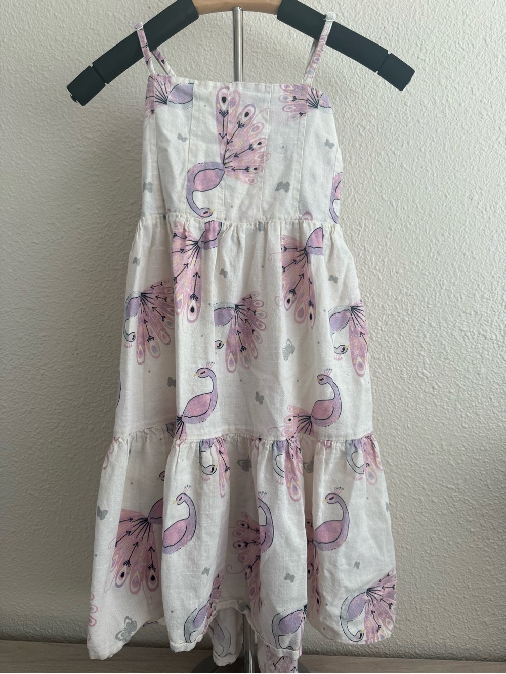 Girls' Pink Peacock Print Tiered Sundress by